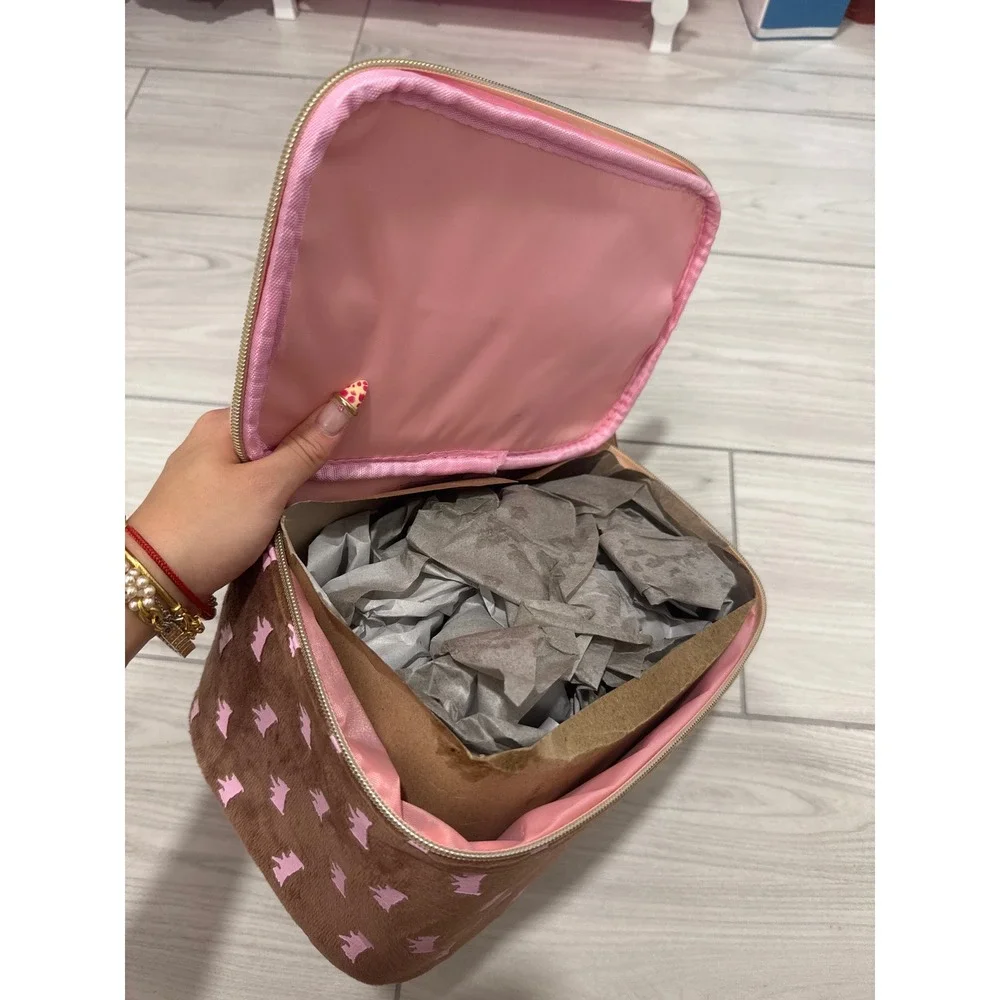 Juicy Couture Brown Pink Crown Velour Makeup Bag Faux Fur Handle NWT